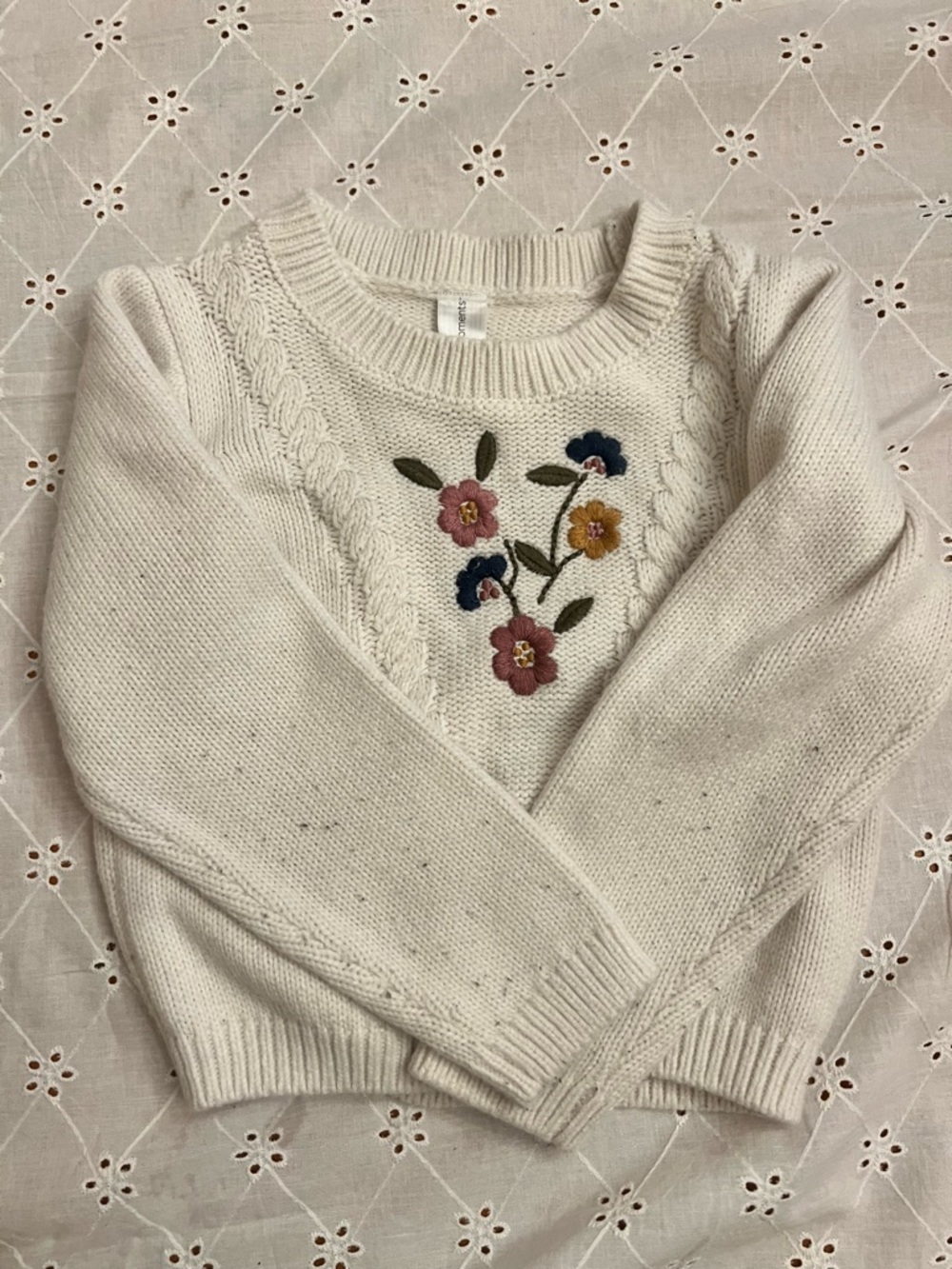 4T Cream Floral Embroidered Cable Knit Sweater